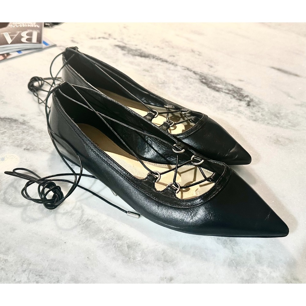 Michael‎ Kors Black Leather Pointed Toe Lace Up Ghillie Ballet Flats Womens - Picture 3 of 7